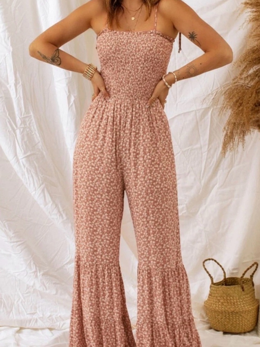 Smocked Strapless Floral Jumpsuit in Dusty Rose